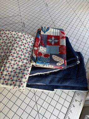 Vintage Americana Fabric Lot Denim Chambray Homespun Hearts Table Runner Quilt